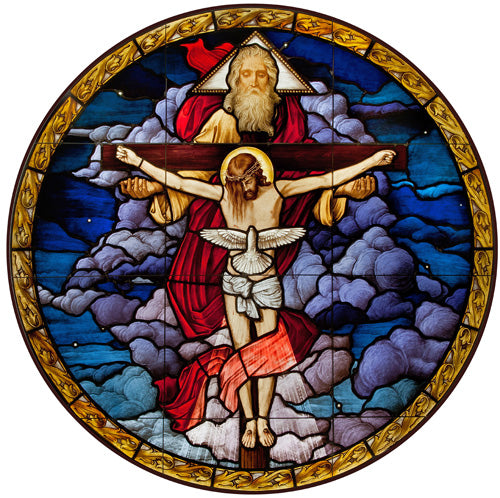 Holy Trinity on Stained Glass ( above altar at Saint Anne, San Diego. Ca.)
